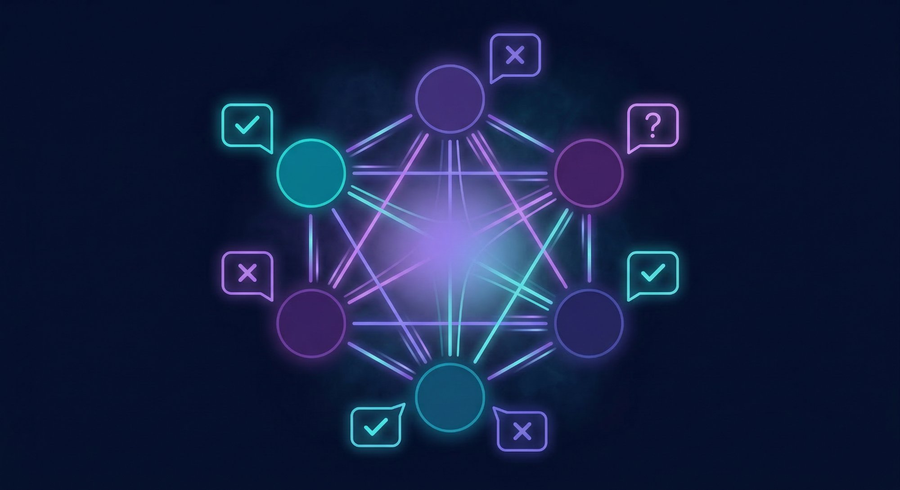 AI focus group visualization — multiple True Twin™ nodes interacting, debating and forming consensus in real time